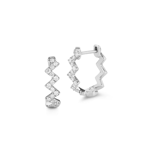 Zigzag-shaped hoop earrings adorned with sparkling diamonds on a white background. The sleek, modern design conveys elegance and sophistication.
