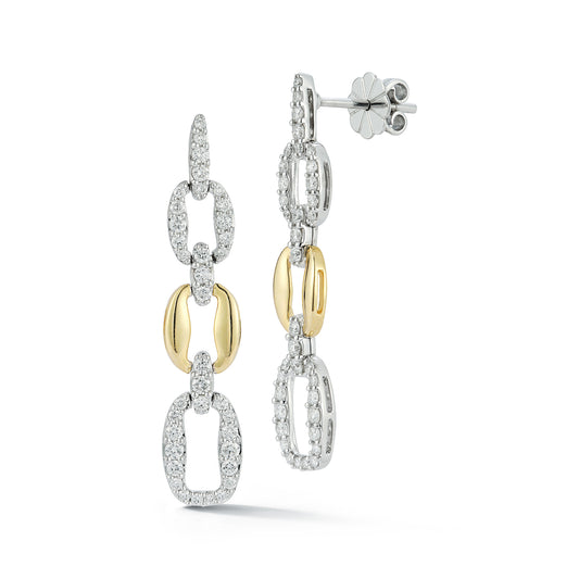 Elegant drop earrings feature interlinked diamond-studded white gold and smooth gold oval links, exuding a luxurious and sophisticated charm.
