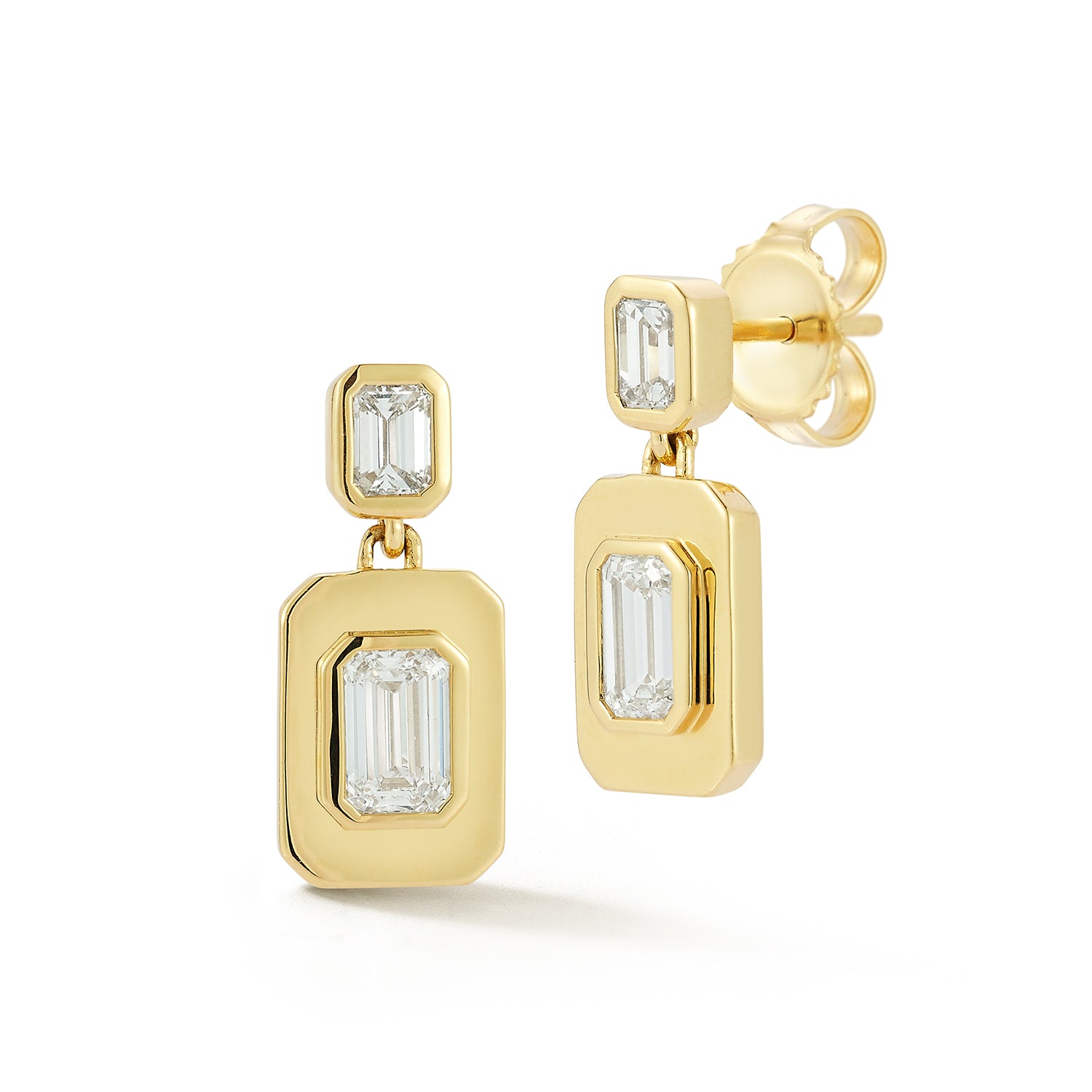 Elegant gold drop earrings with circular designs, each featuring sparkling white gemstones. The image conveys luxury and sophistication.