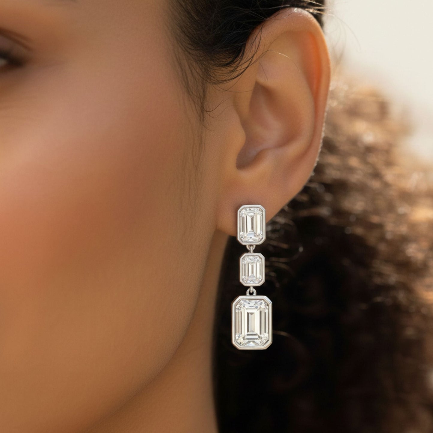 Bezel Emerald Cut Lab Diamond Drop Earrings Carbon House