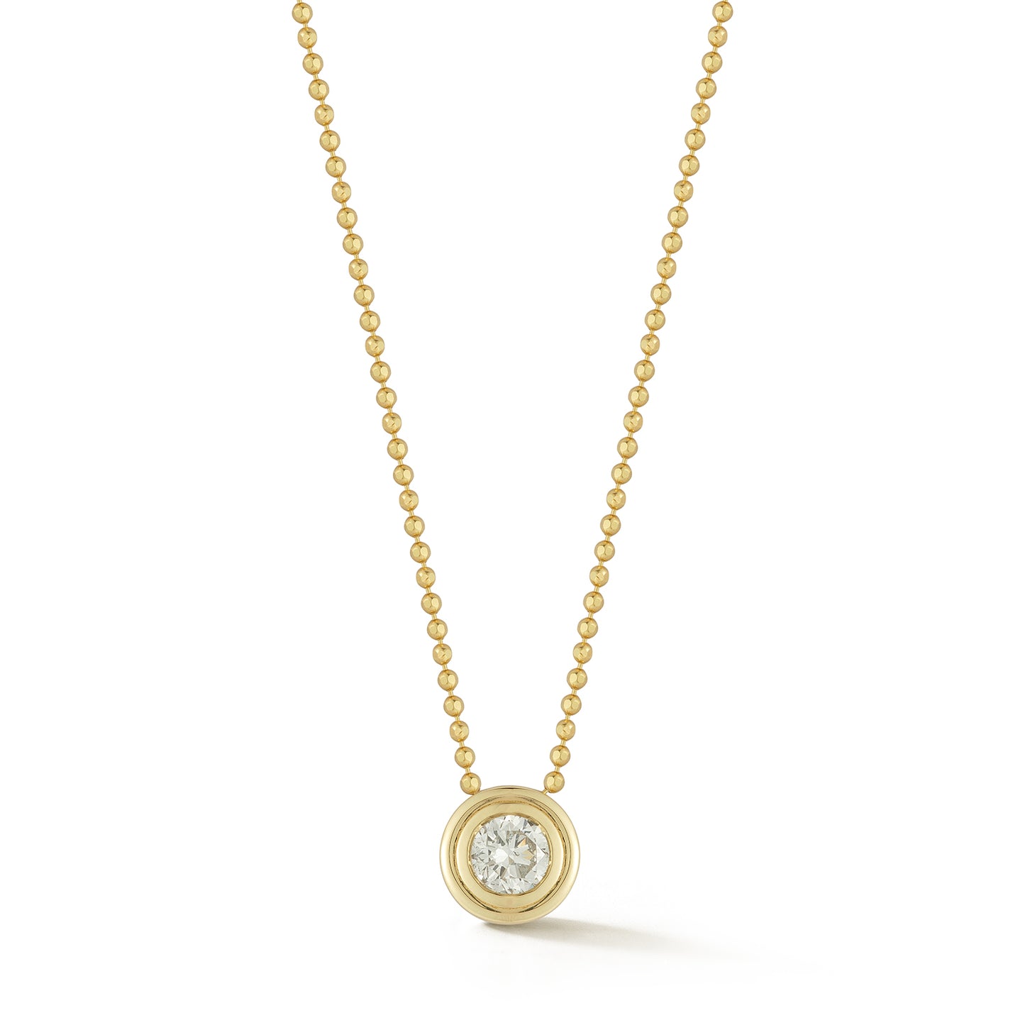 A gold chain necklace with a round diamond pendant set in a gold bezel, displayed against a white background, conveying elegance and simplicity.