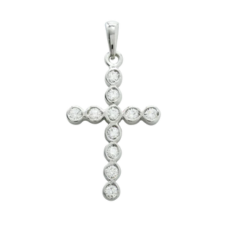 Gold cross pendant adorned with round diamonds arranged in a vertical and horizontal line.