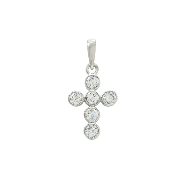 white gold cross pendant with six diamond on a transparent background. The design is elegant and reflective, conveying spirituality.