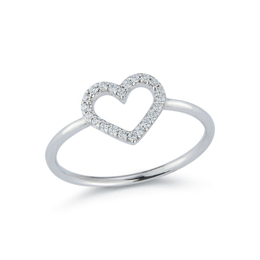 Elegant white gold ring with a heart-shaped design adorned with small diamonds. The delicate and sparkling jewelry piece conveys romance and sophistication.