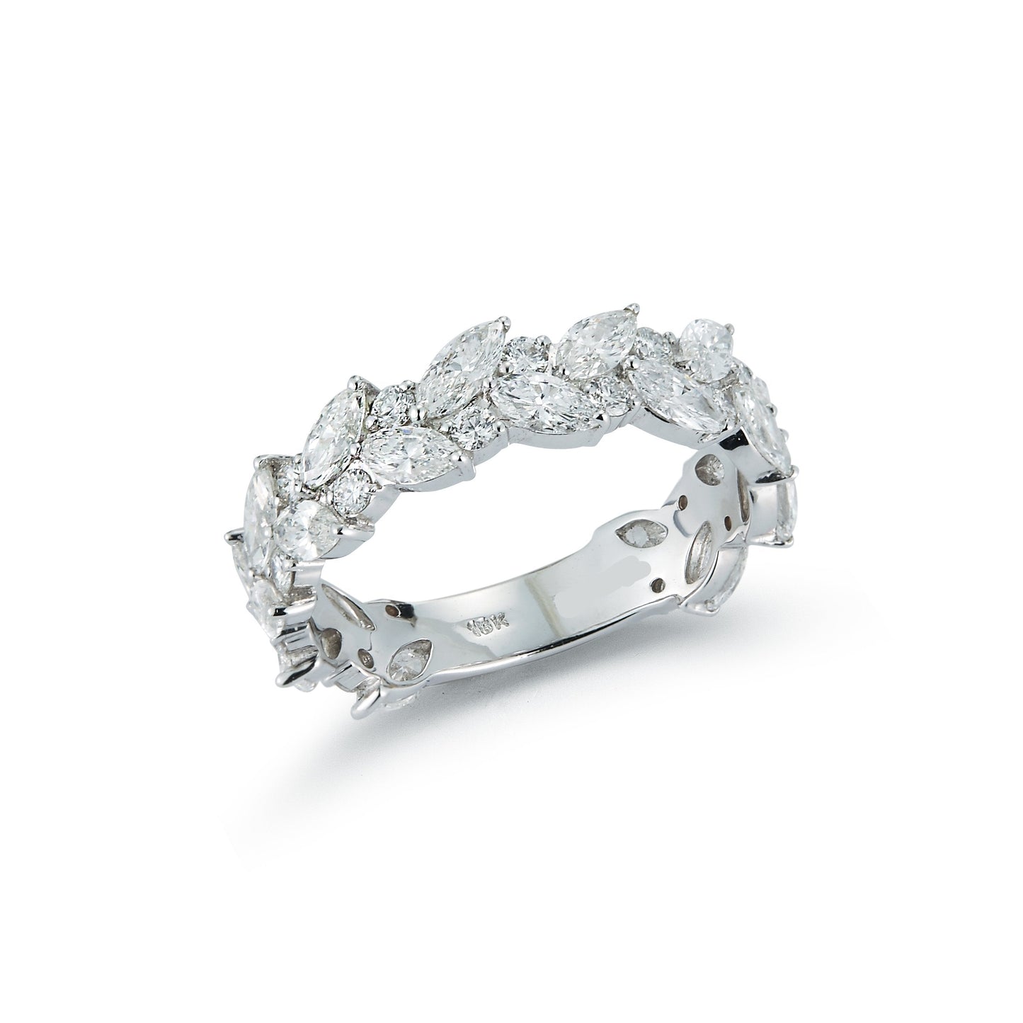 Diamond ring with marquise-shaped stones on a white background