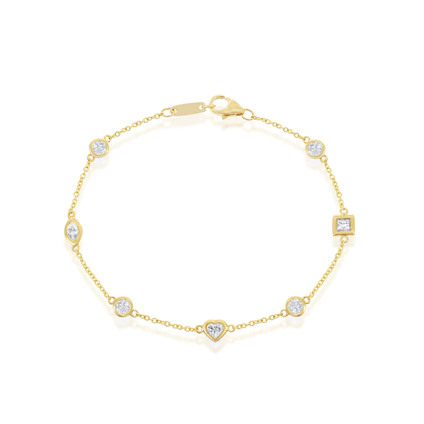 gold chain bracelet with round, square, and heart-shaped diamond accents, creating a delicate and elegant appearance against a white background.