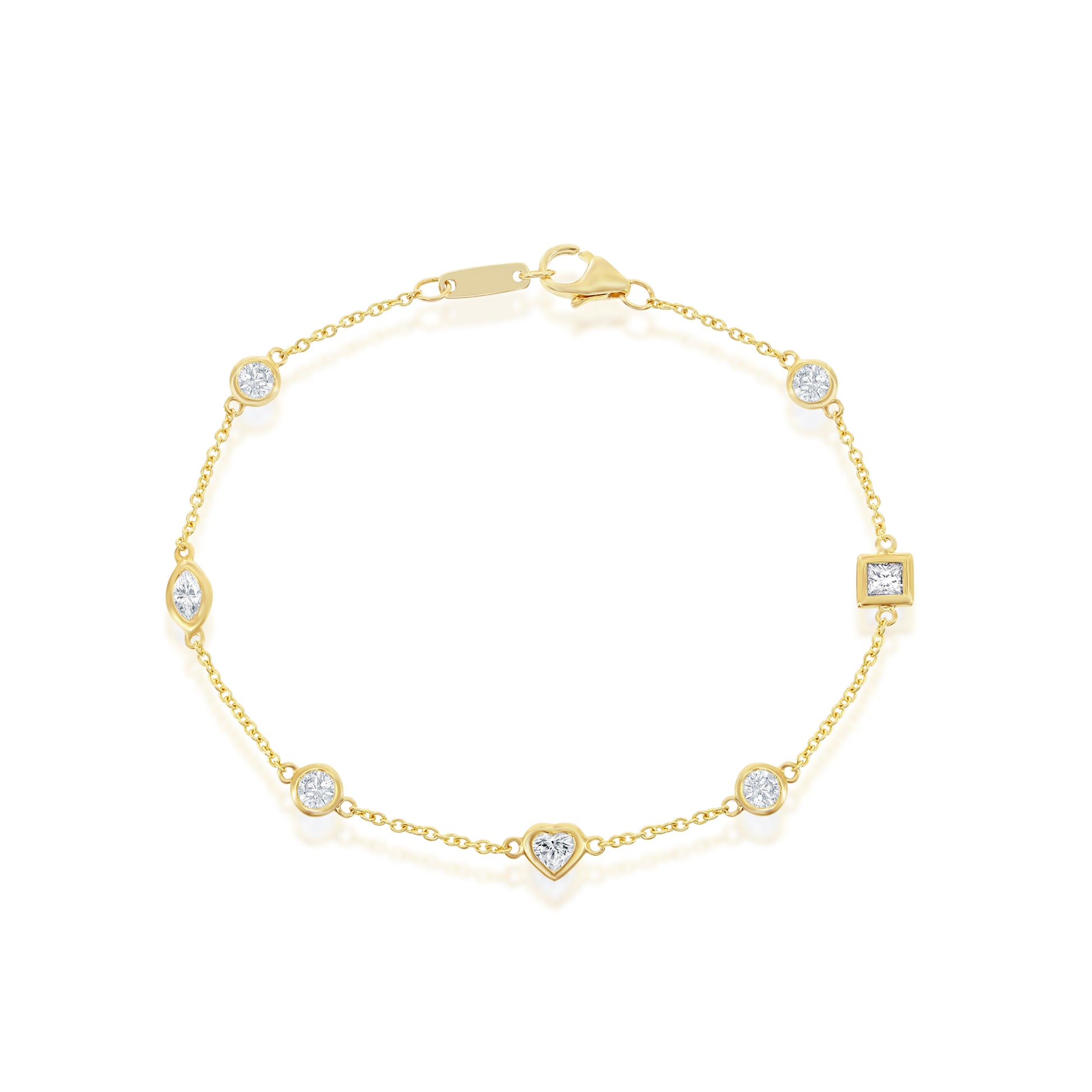 gold chain bracelet with round, square, and heart-shaped diamond accents, creating a delicate and elegant appearance against a white background.