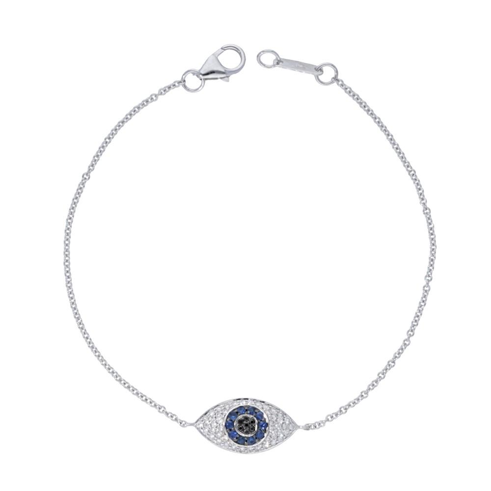white gold bracelet featuring an evil eye-shaped charm with blue and white crystals on a white background. Delicate, elegant, and symbolic design.