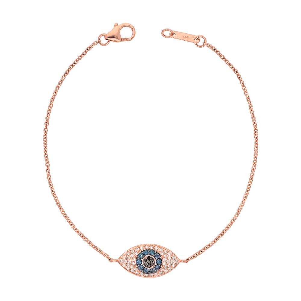 rose gold bracelet featuring an evil eye-shaped charm with blue and white crystals on a white background. Delicate, elegant, and symbolic design.