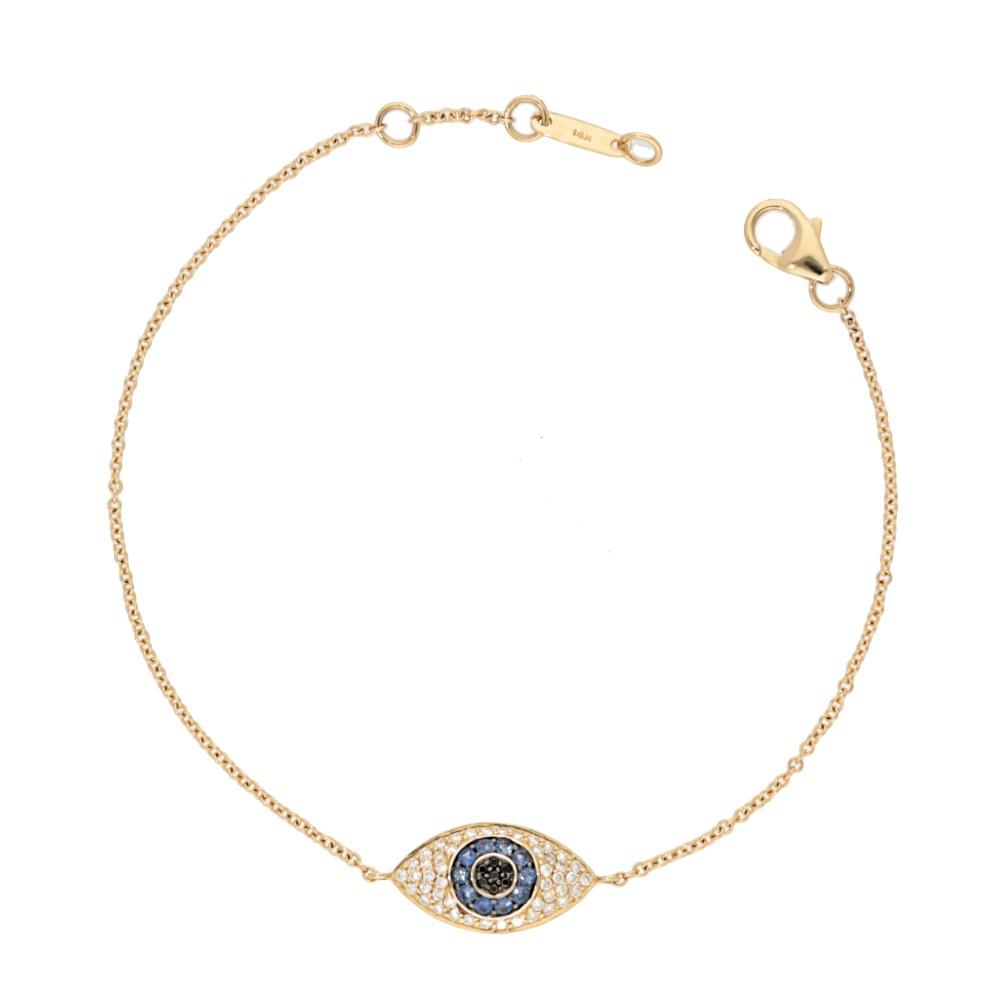 yellow gold bracelet featuring an evil eye-shaped charm with blue and white crystals on a white background. Delicate, elegant, and symbolic design.