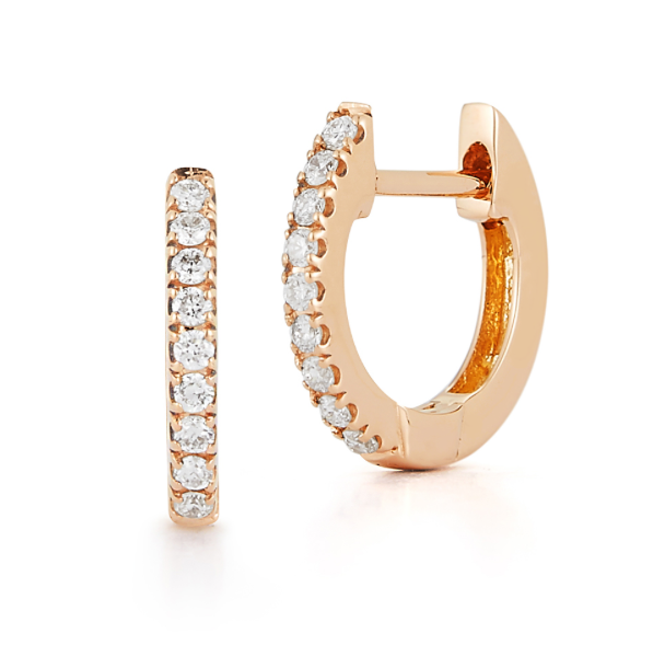 gold hoop earrings adorned with small diamonds, displayed on a white background. One earring is closed, and the other is open, showcasing their elegant design.