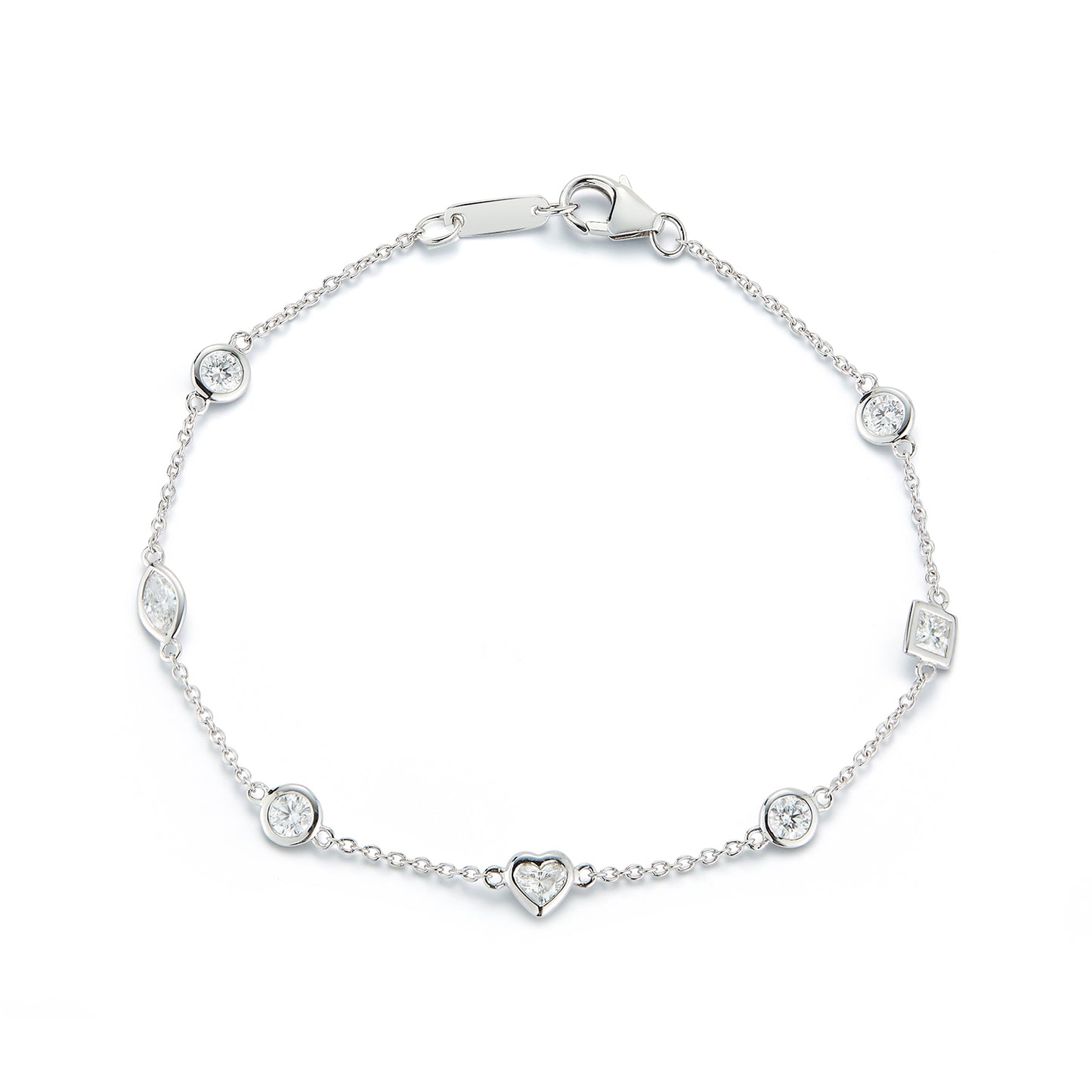 White gold chain bracelet with round, square, and heart-shaped diamond accents, creating a delicate and elegant appearance against a white background.